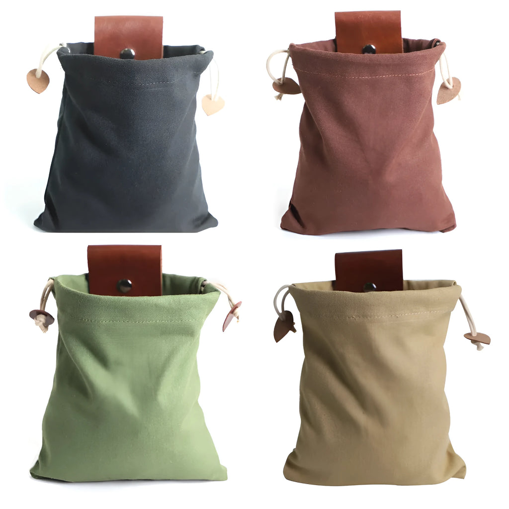 Canvas and leather collapsible foraging bag in army green colour measuring 22 by 21 centimetres