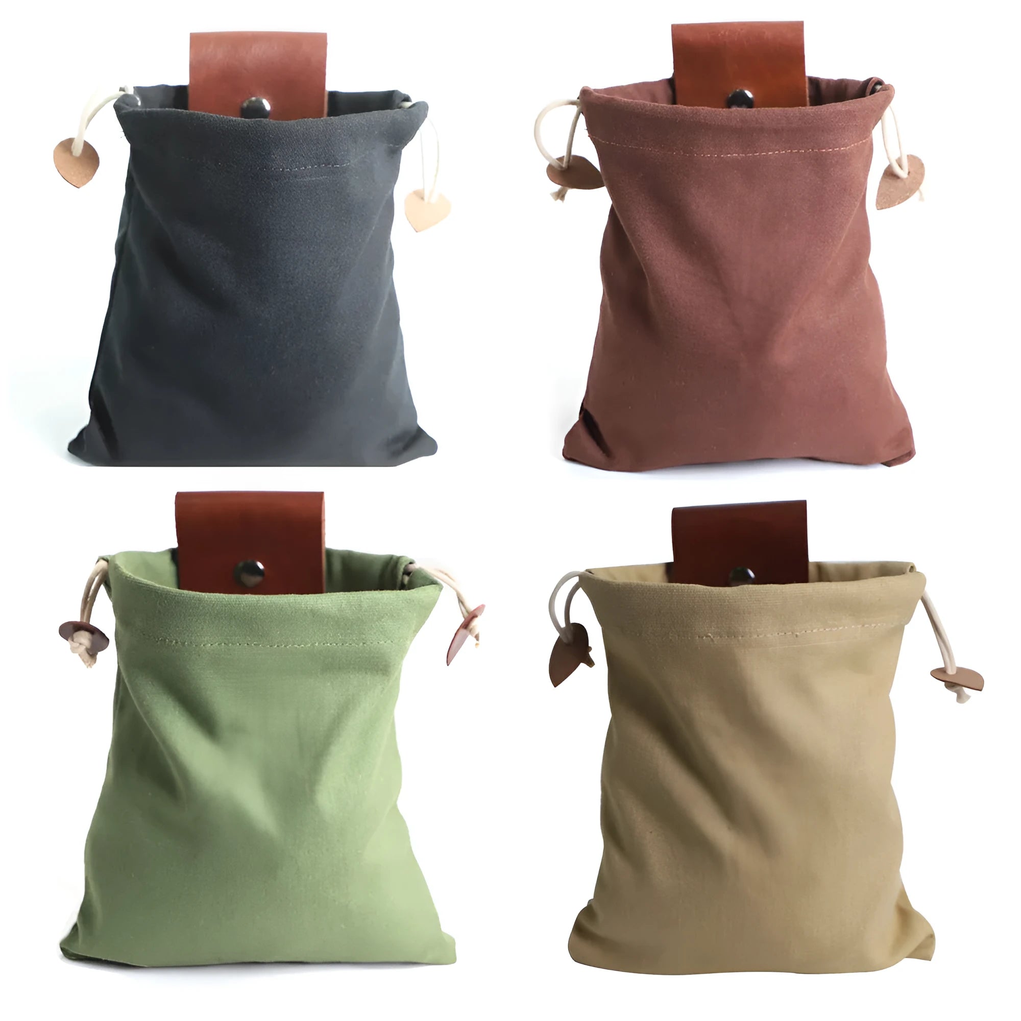 Canvas and leather collapsible foraging bag in army green colour measuring 22 by 21 centimetres