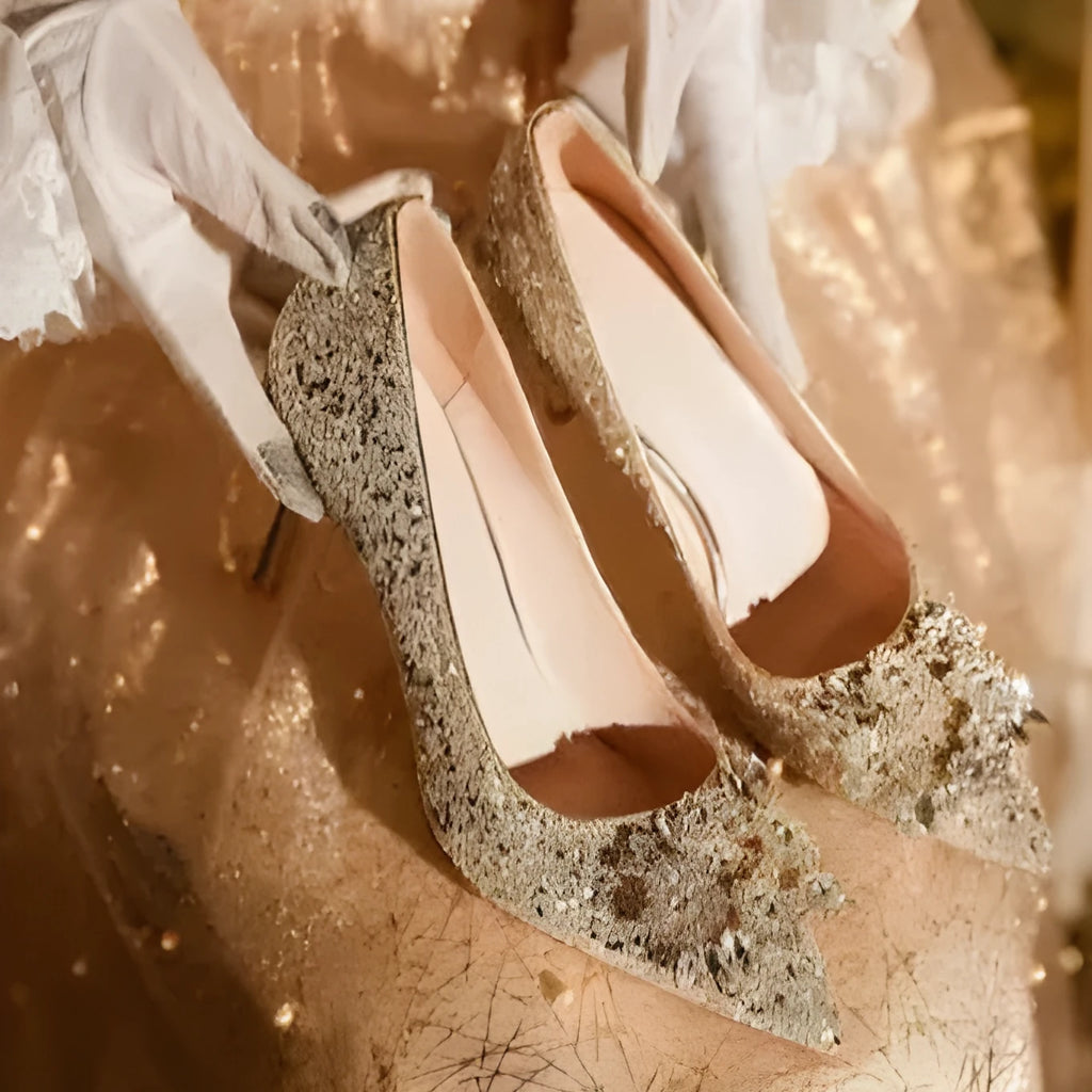 Xiuhe champagne wedding shoes with crystal rhinestones and pointed toe
