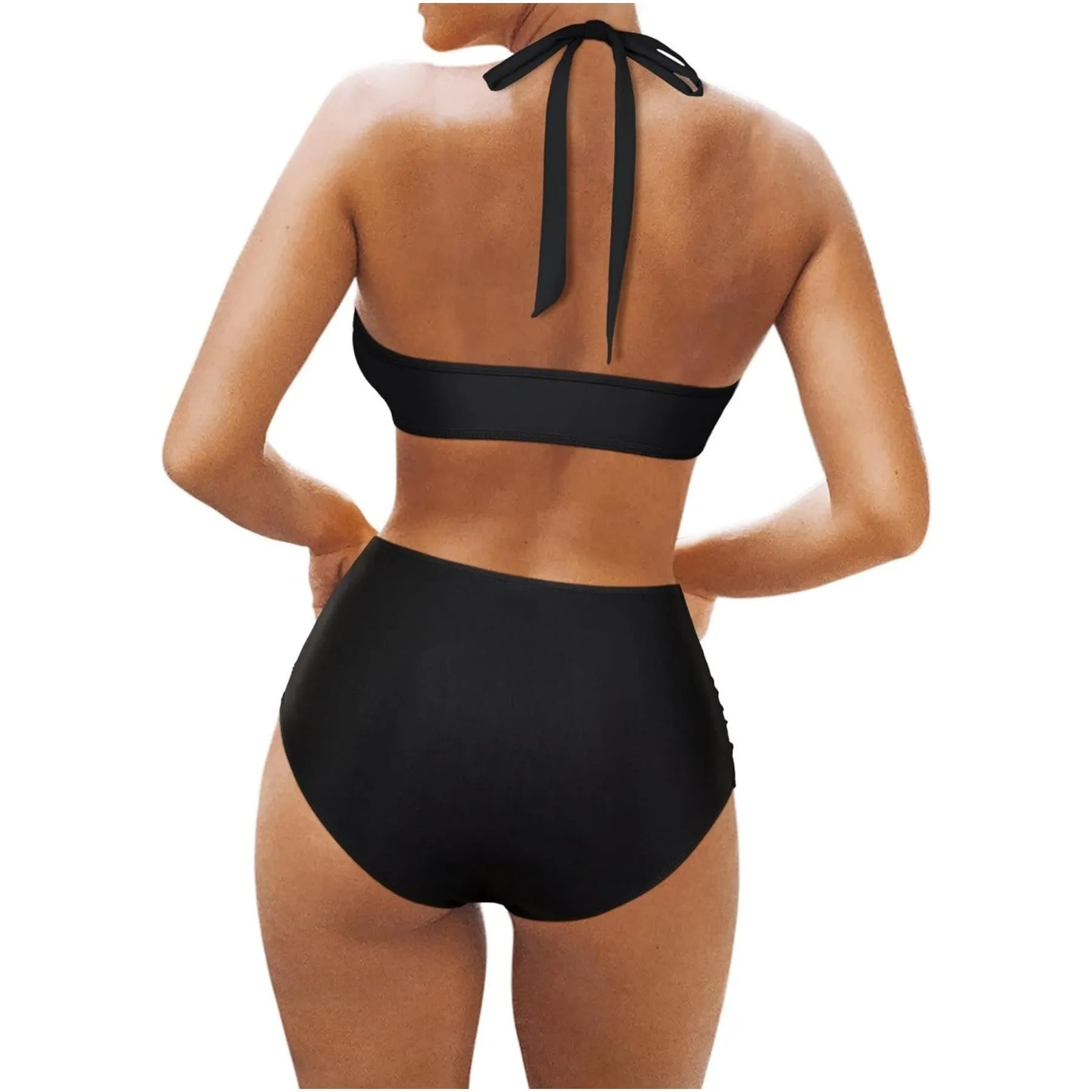 Women's black polyester fibre bikini swimsuit top and briefs on a mannequin.