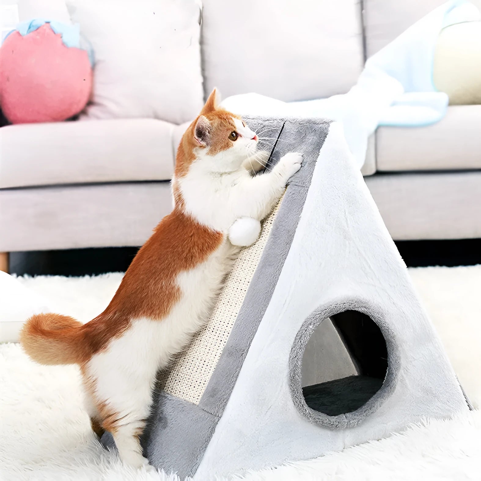 Grey and white triangular cat nest bed with a sisal scratching side for cats.