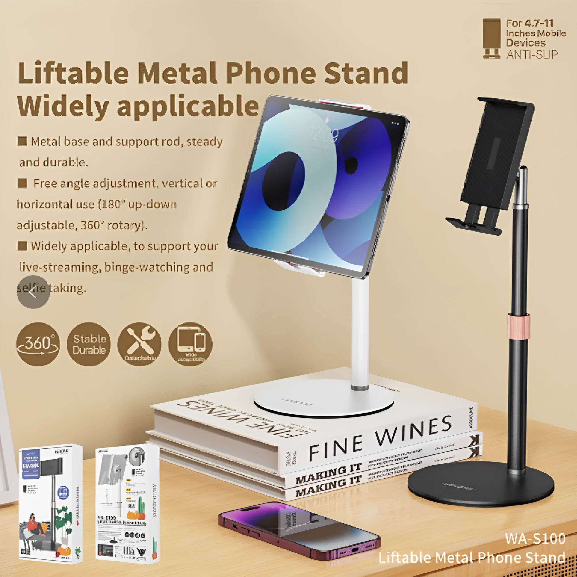 Black adjustable tablet bracket extended to maximum 200mm height holding an 11-inch tablet