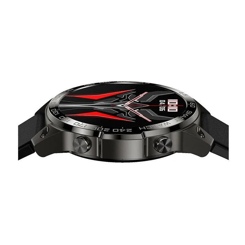 Round black Bluetooth sports watch with AMOLED screen on a silicone strap, showing fitness stats.