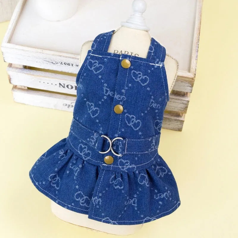 Denim princess dress for small dogs in bracket-skirt and bracket-T styles