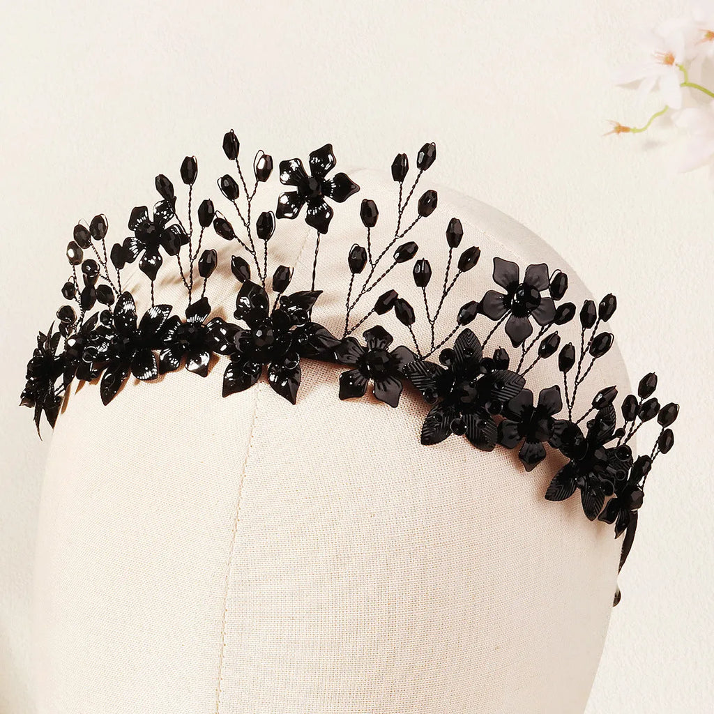 Black crystal Halloween headband for women handmade dark style flower headpiece TS-J3368BLK