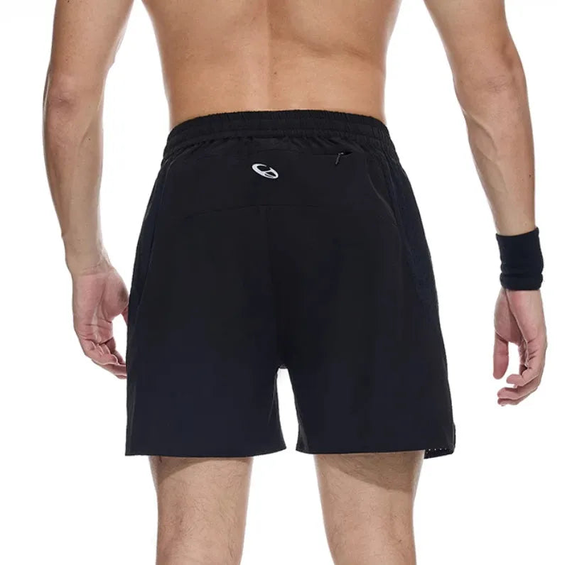 Men's black running shorts with laser-punched detail and four-point stitching on stretch spandex fabric.