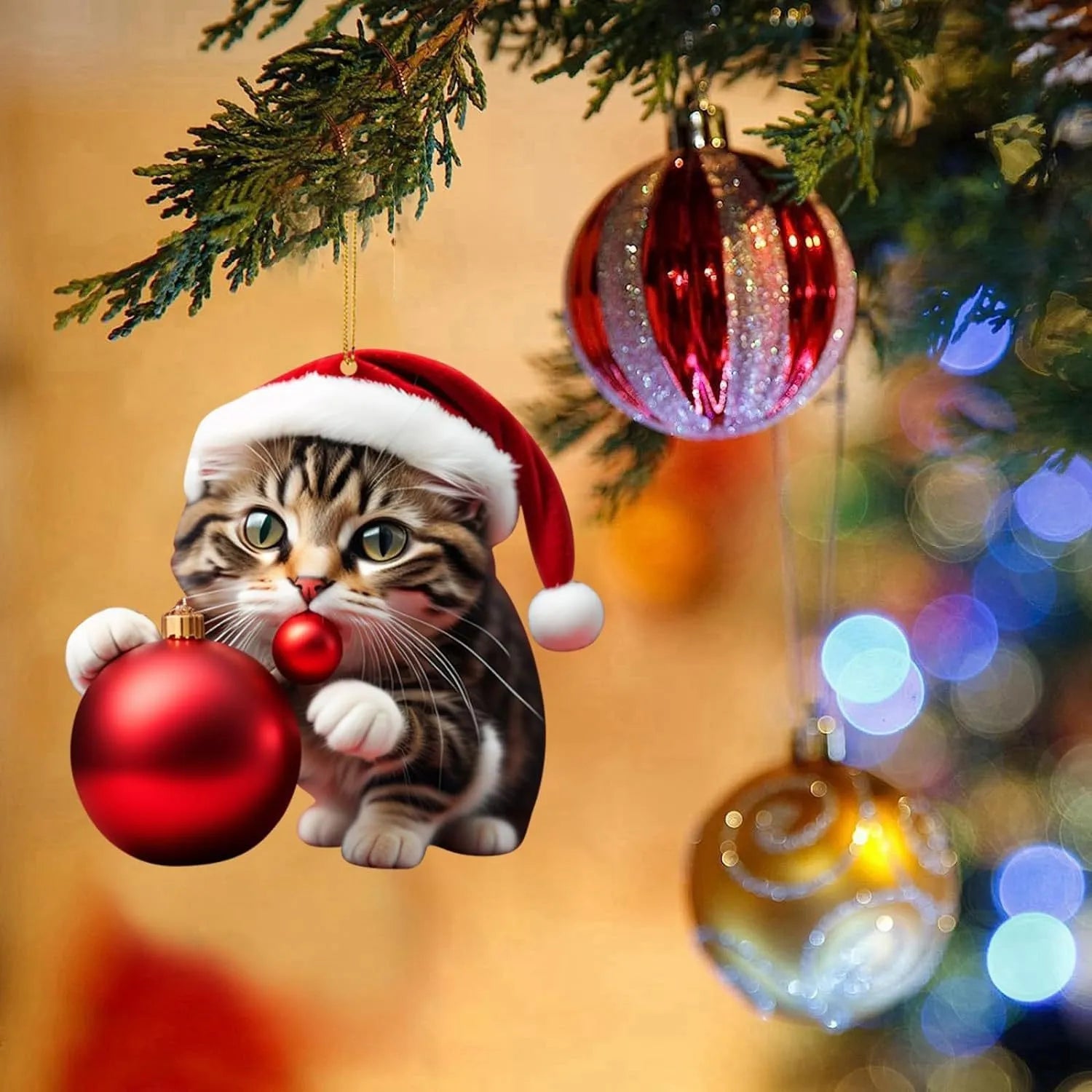 Cartoon style creative kitty Christmas ornament hanging in a car, made from clear acrylic.