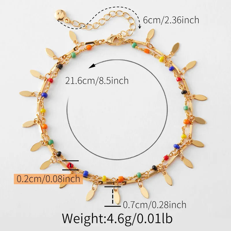 Beach layered retro copper plating 18K real gold anklet with ornament inlay for women