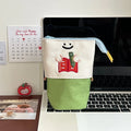 Brown Korean style collapsible pencil case with cartoon design measuring 17x14cm