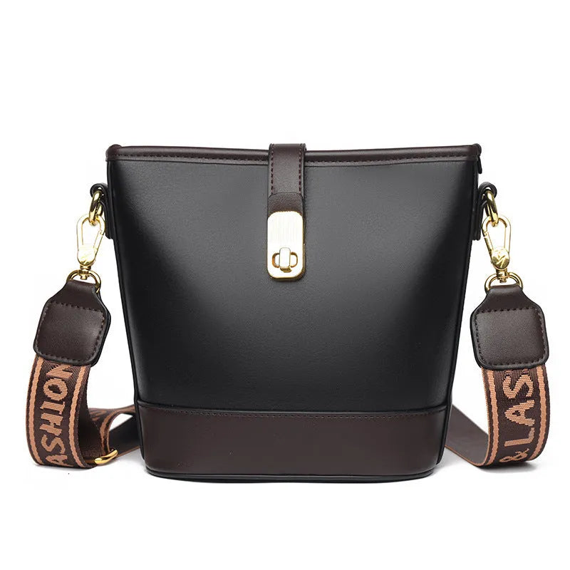 Korean-style black bucket shoulder bag with internal organisation compartments