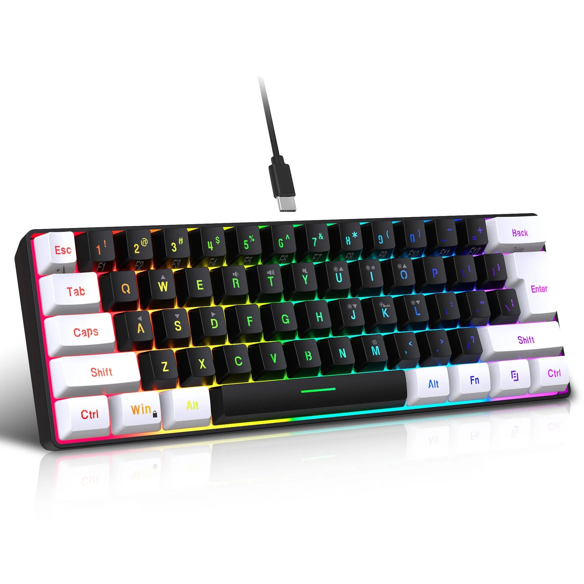 Simple wired 61-key membrane keyboard in white and black colour with compact dimensions and USB cable