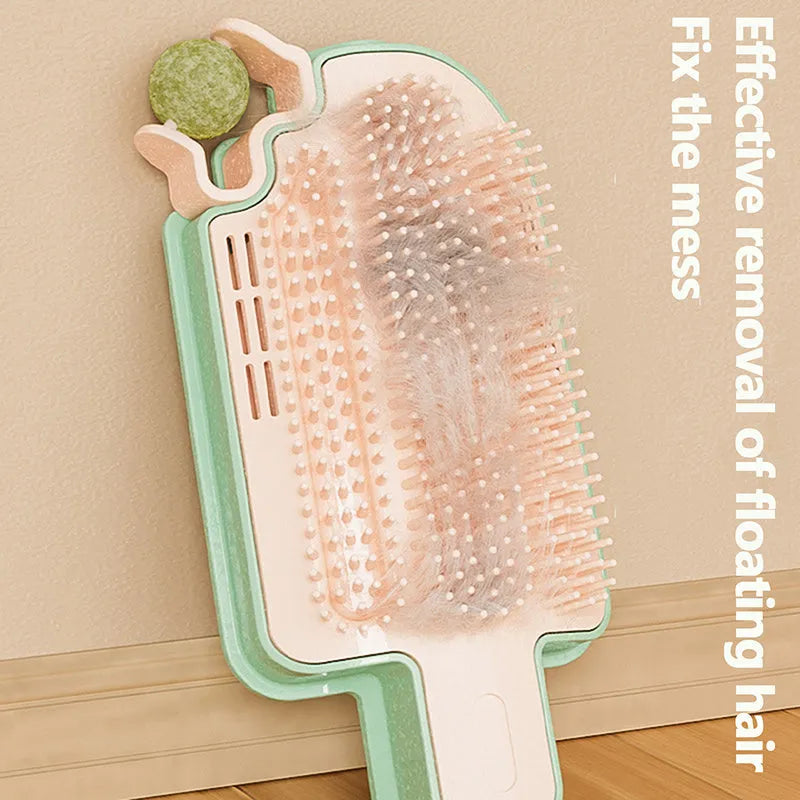 Cat self-grooming toy with textured rubbing corner, mint ball, and feather attachments on a blue background