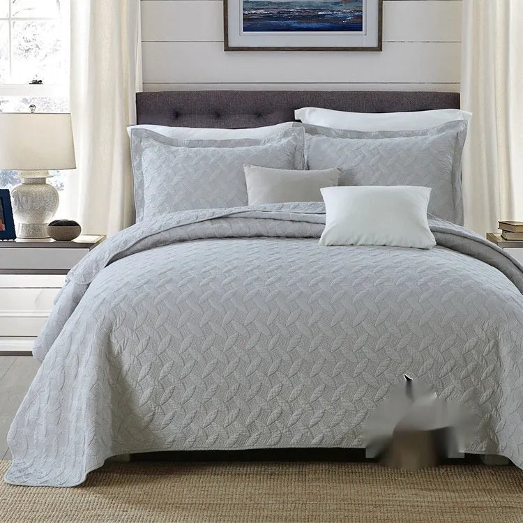 Pure cotton bed cover three-piece set with damascus pattern in beige on a standard double bed