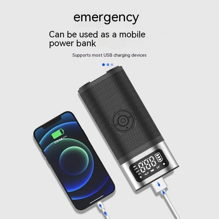 Black portable wireless smart air pump with a 15cm tube and multiple nozzles on a grey background.