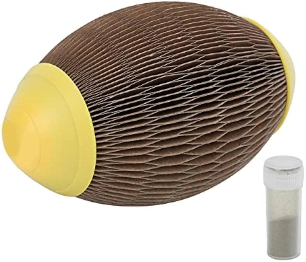 Elliptical corrugated paper catnip scratch football toy for cats.