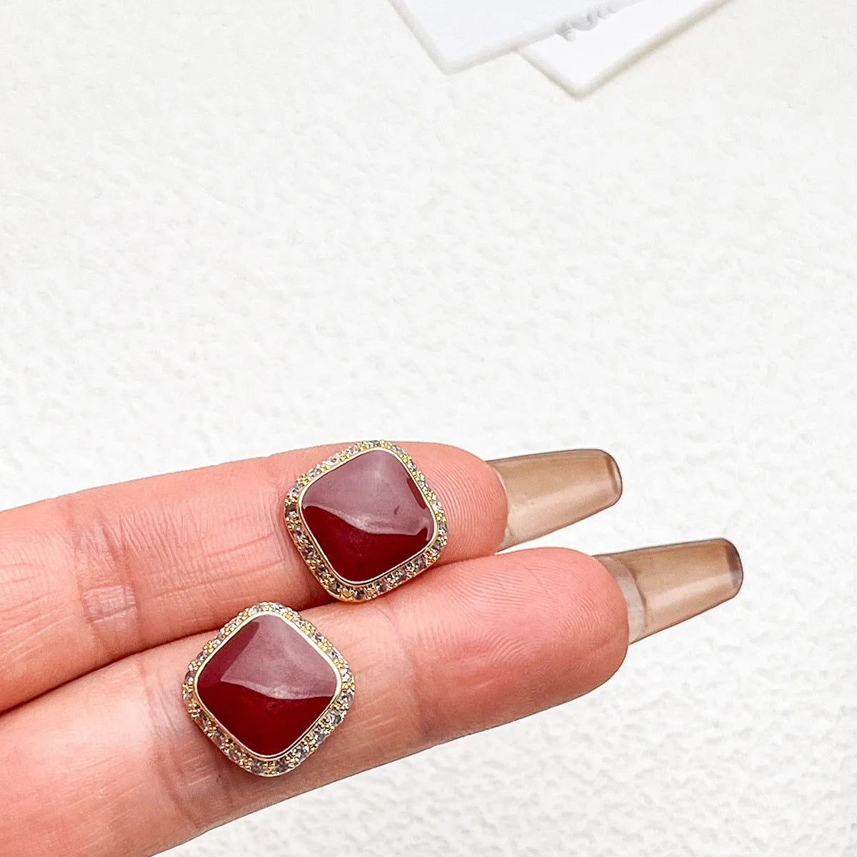 Red geometric square alloy earrings with seiko treatment for women
