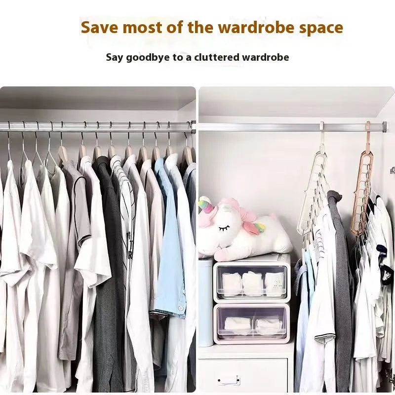Plastic multifunctional hanger with nine holes for trousers in beige, blue, grey, green, or pink colours