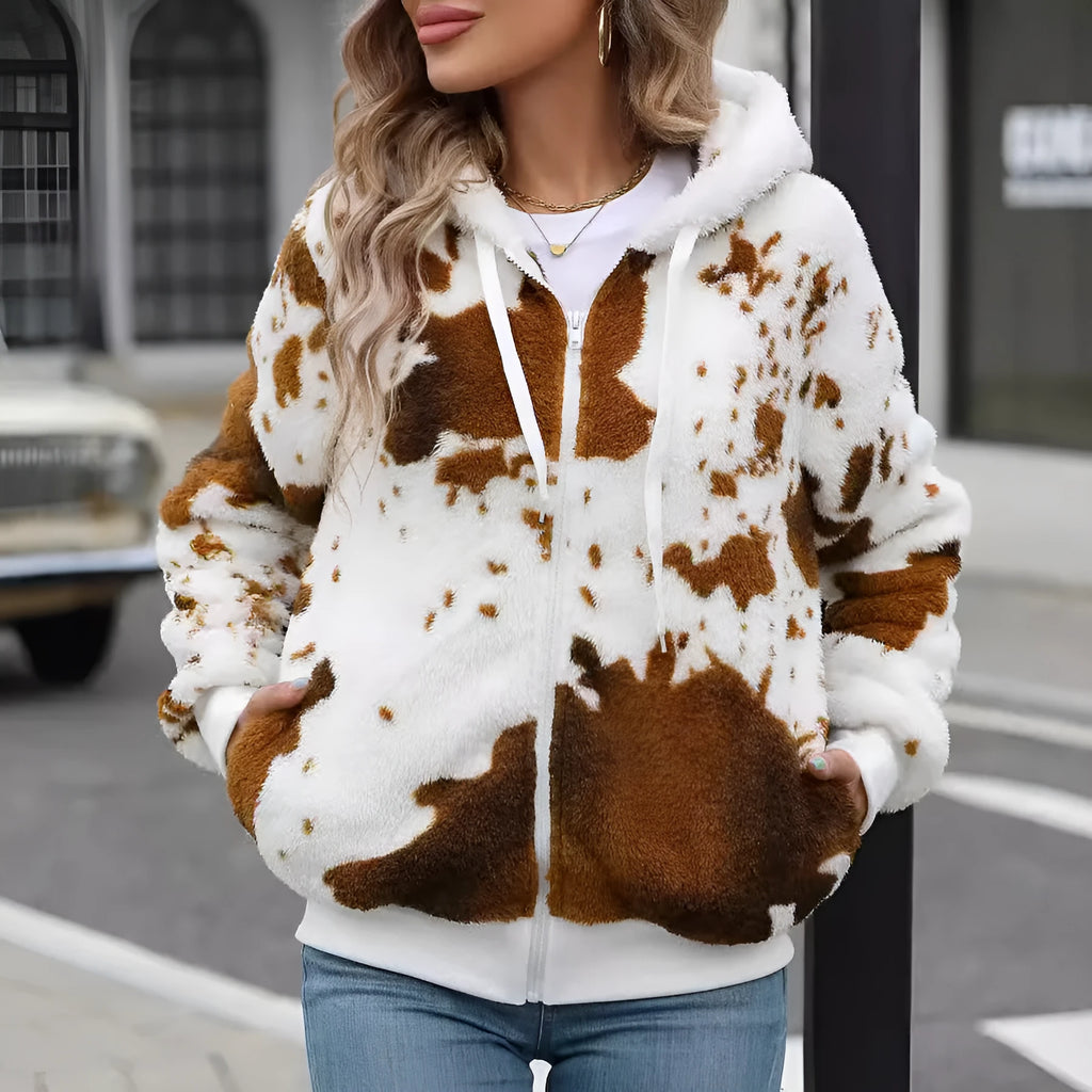 Yellow brown cow animal print plush hooded cardigan jacket for men with zip front.