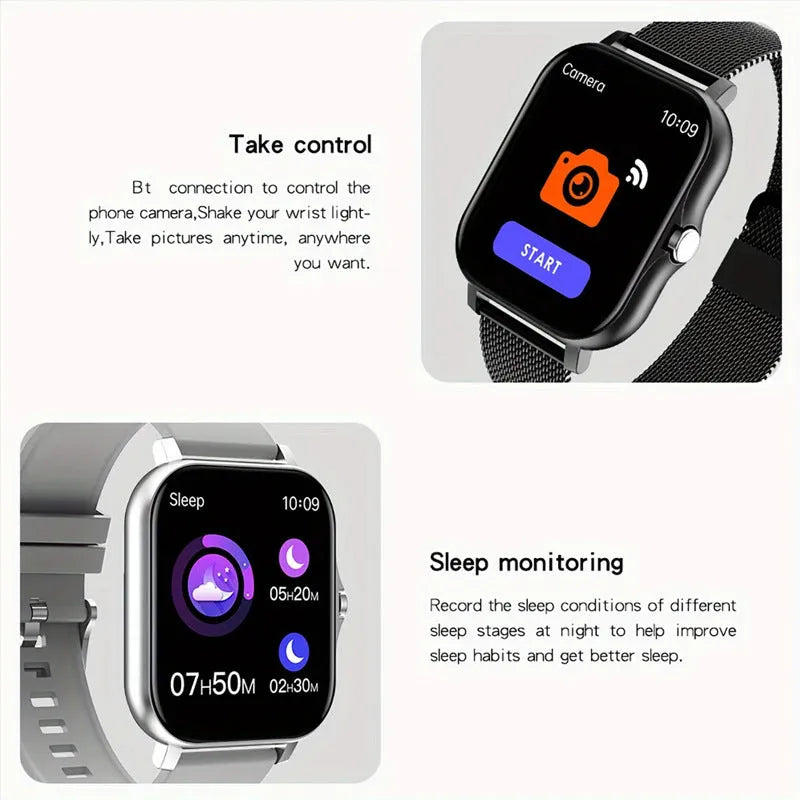 Smart watch with full touch screen and silicone strap in various colours showing Bluetooth calling and fitness tracking features