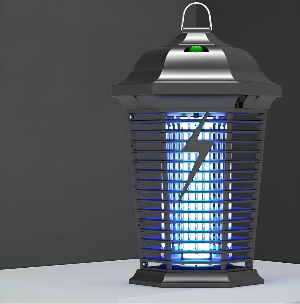Black outdoor mosquito catcher lamp with UV light and electric grid for garden use