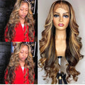 Front lace wig with 134 gradient colour showing long curly hair and side bangs