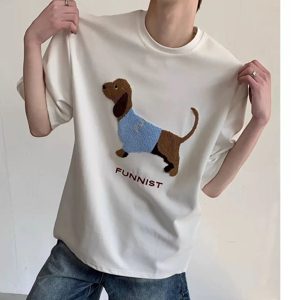 Men's grey cotton T-shirt with embroidered sausage dog towel design on front