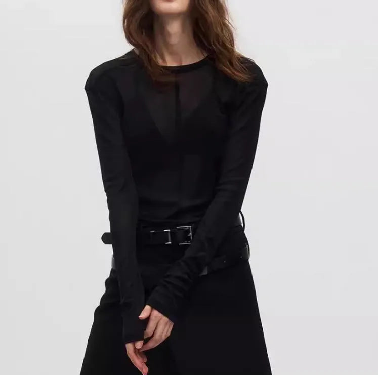 Black mesh see-through slim-fit PU pullover with long sleeves and round collar