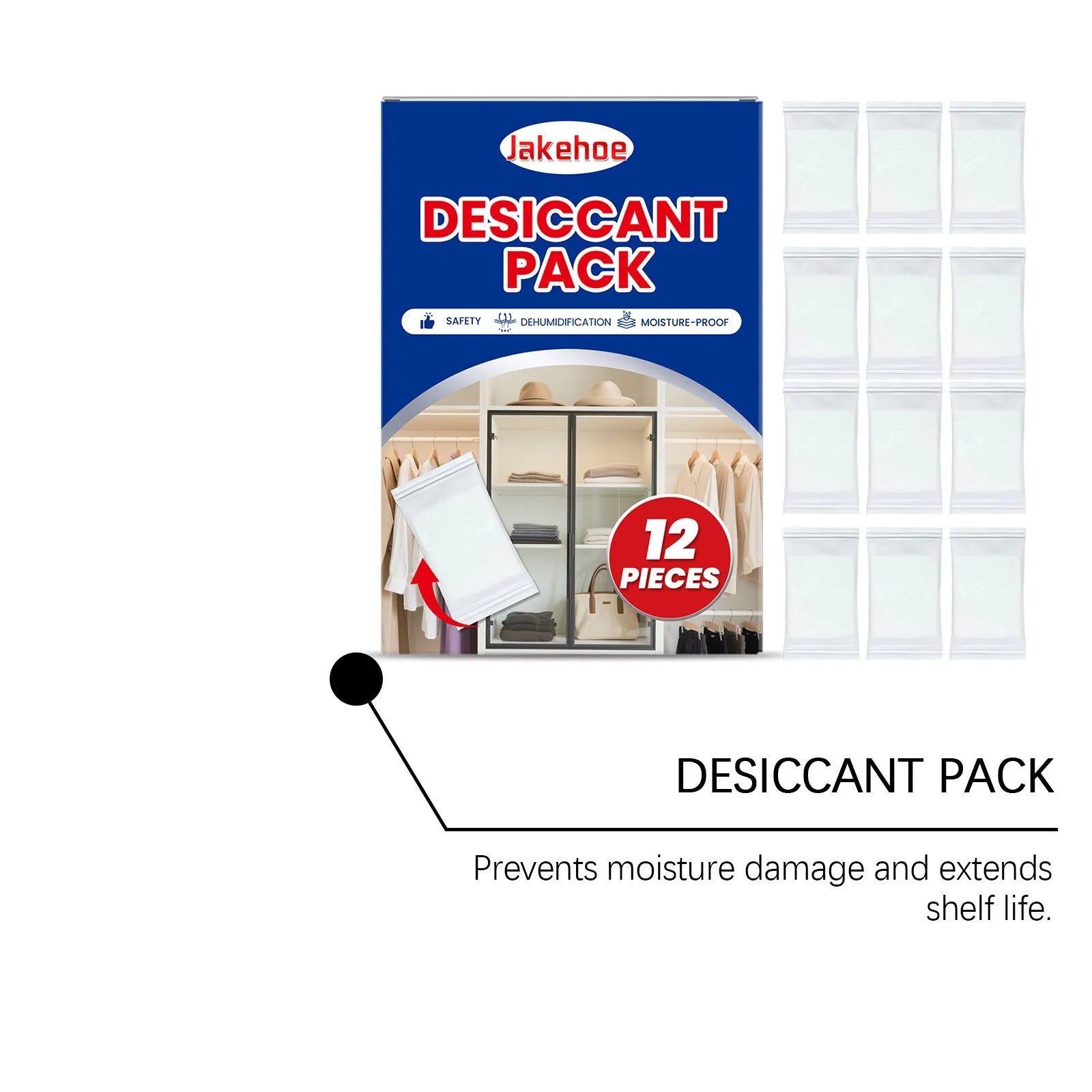 Pack of twelve reusable household desiccant moisture absorber units with hanging bags