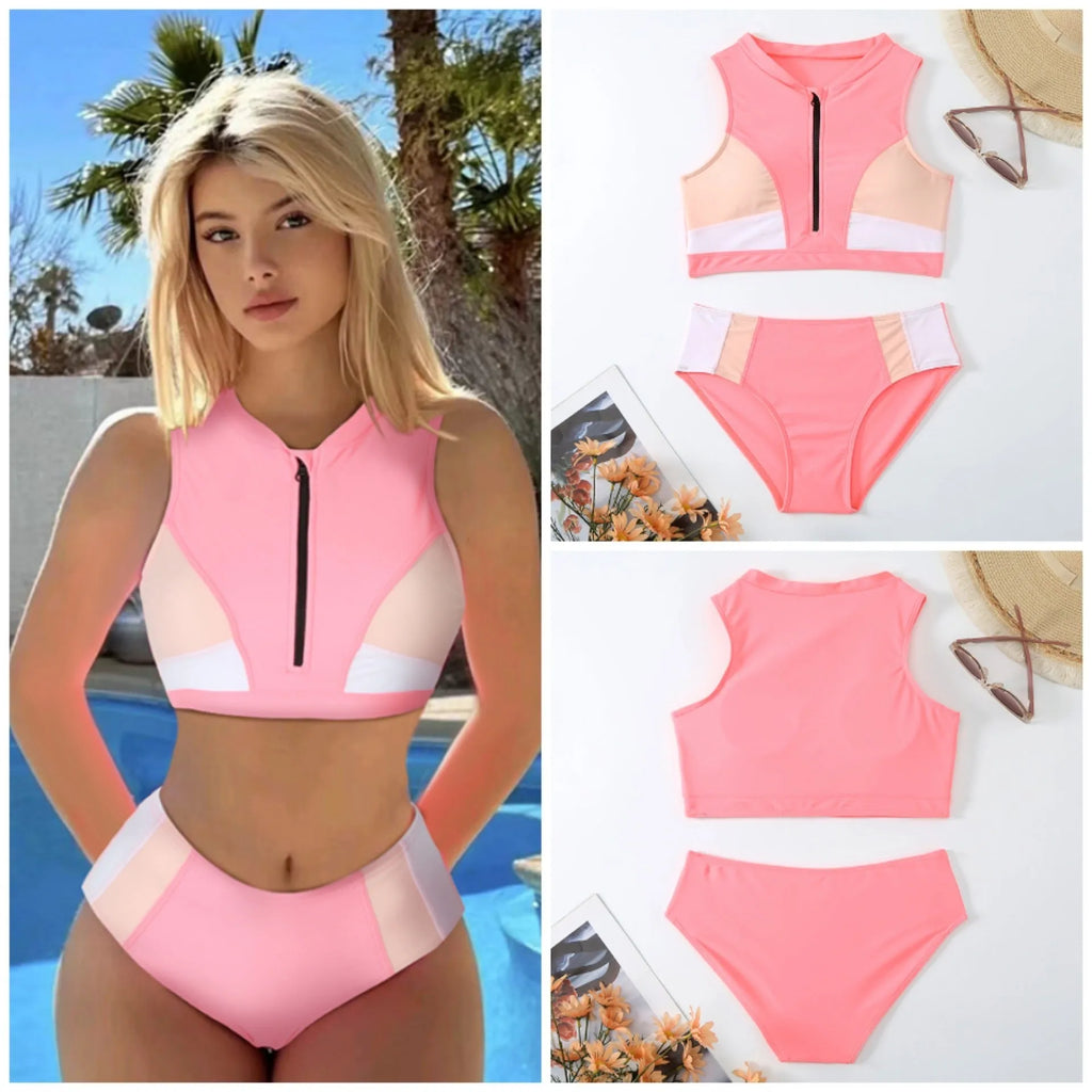 Pink high waist split bikini swimsuit set with brief style on a mannequin.