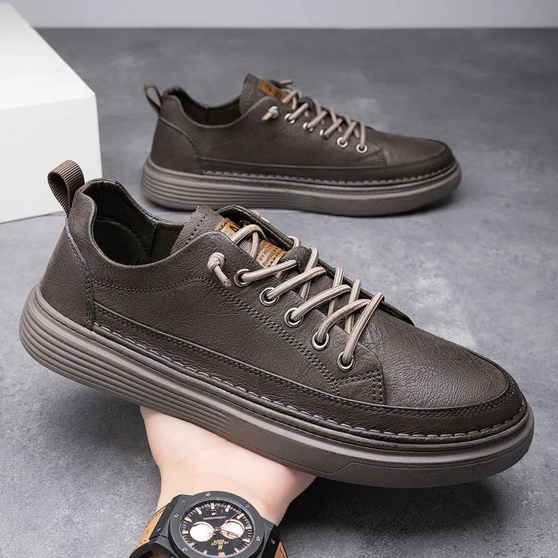 Men's brown waterproof casual sneakers with flat heel and faux leather lining