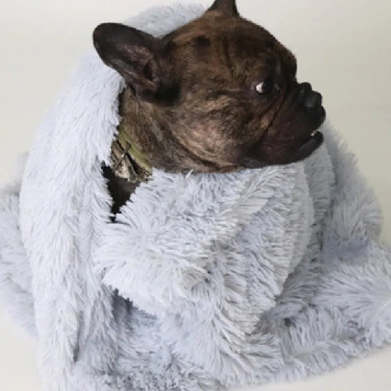 Dog blanket in long plush wool-polyester blend showing three size options and colour variations