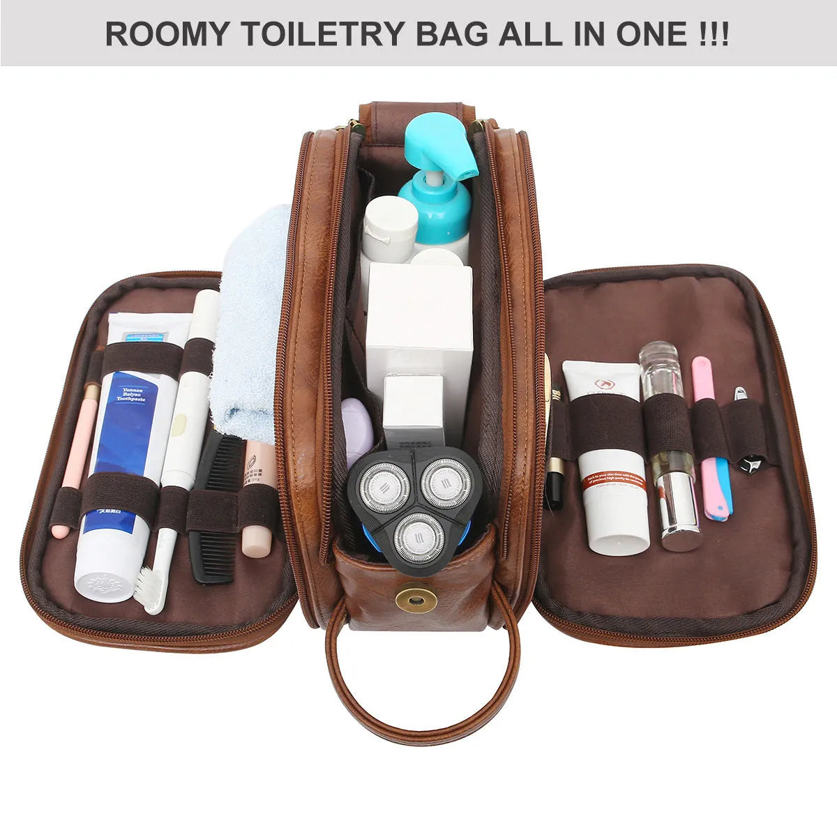 Men's black and brown PU toiletry bag for travel cosmetic storage
