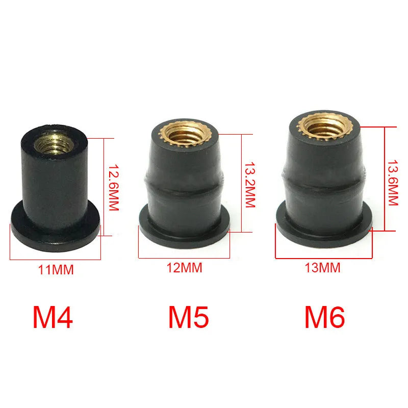 Black motorcycle windshield rubber brass nuts in M4 M5 M6 sizes with expansion rubber design