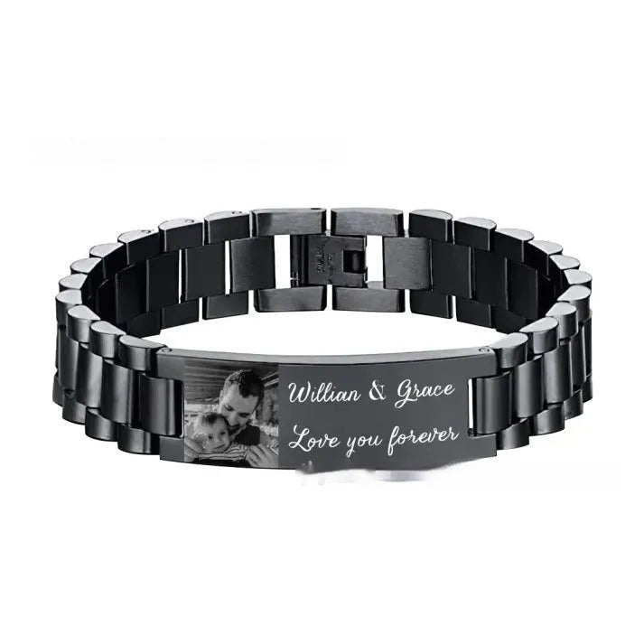 Men's titanium steel bracelet with curved heart shape and black lettering in a gift box.