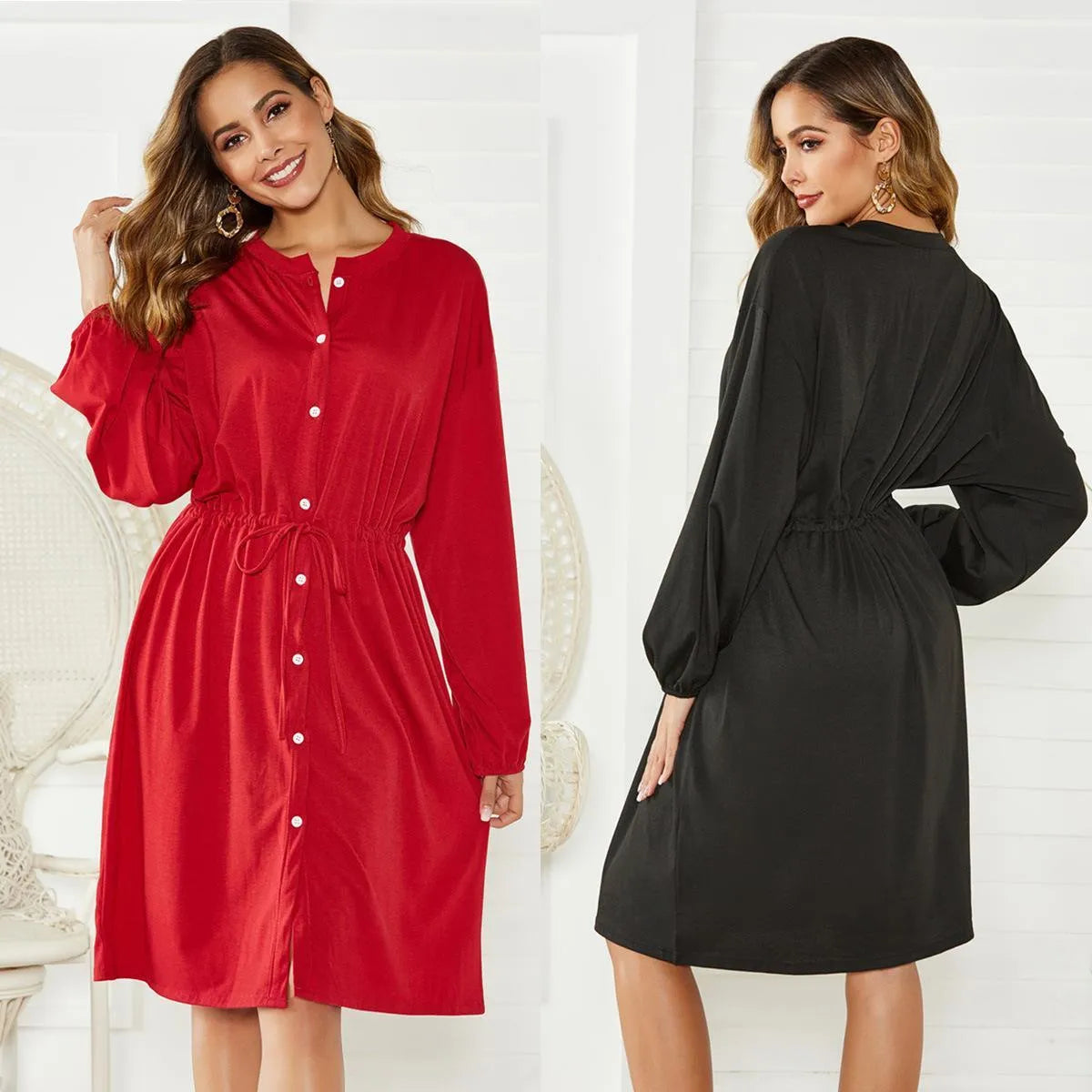 Women's black A-line dress with elastic waist and cuffs, detachable belt, for professional office wear