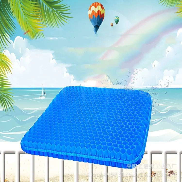 Solid colour gel seat cushion with honeycomb pattern showing double thick design and removable cover