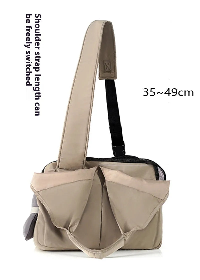 Apricot colour cloth pet carrier handbag with breathable mesh for a cat or small dog.