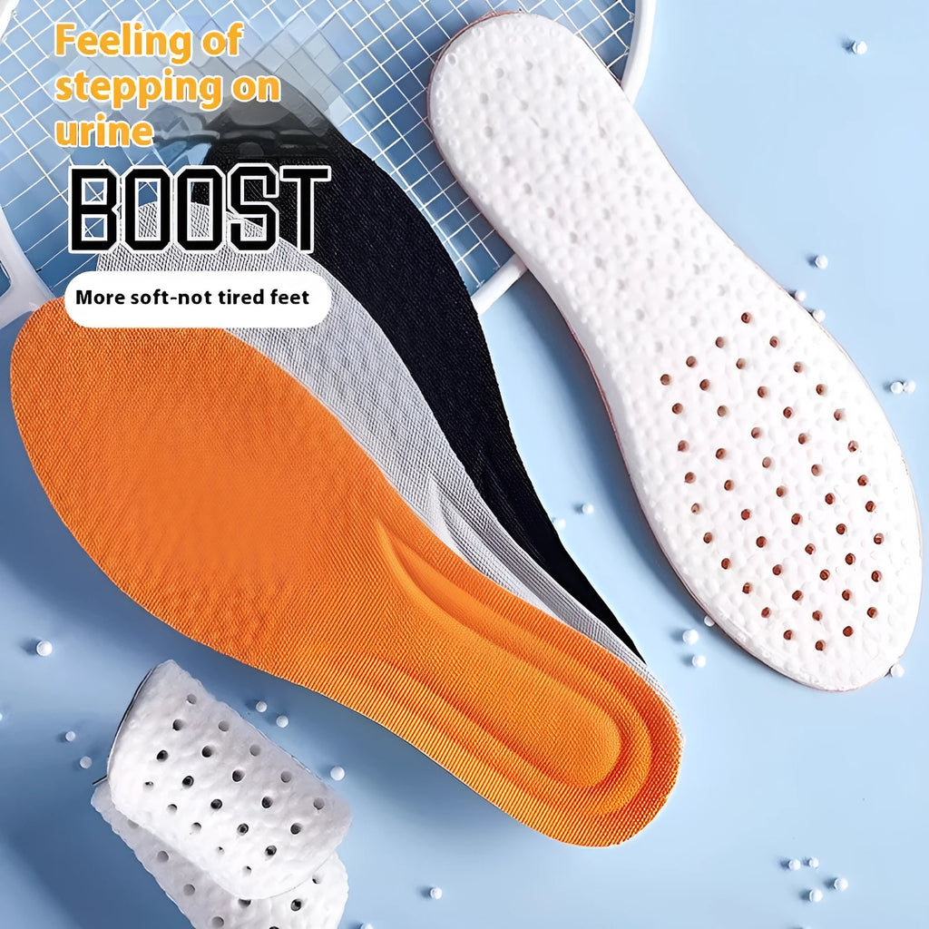 A pair of grey high-elasticity PU foam sports insoles on a white background, shown with scissors to illustrate the cut-to-fit design.