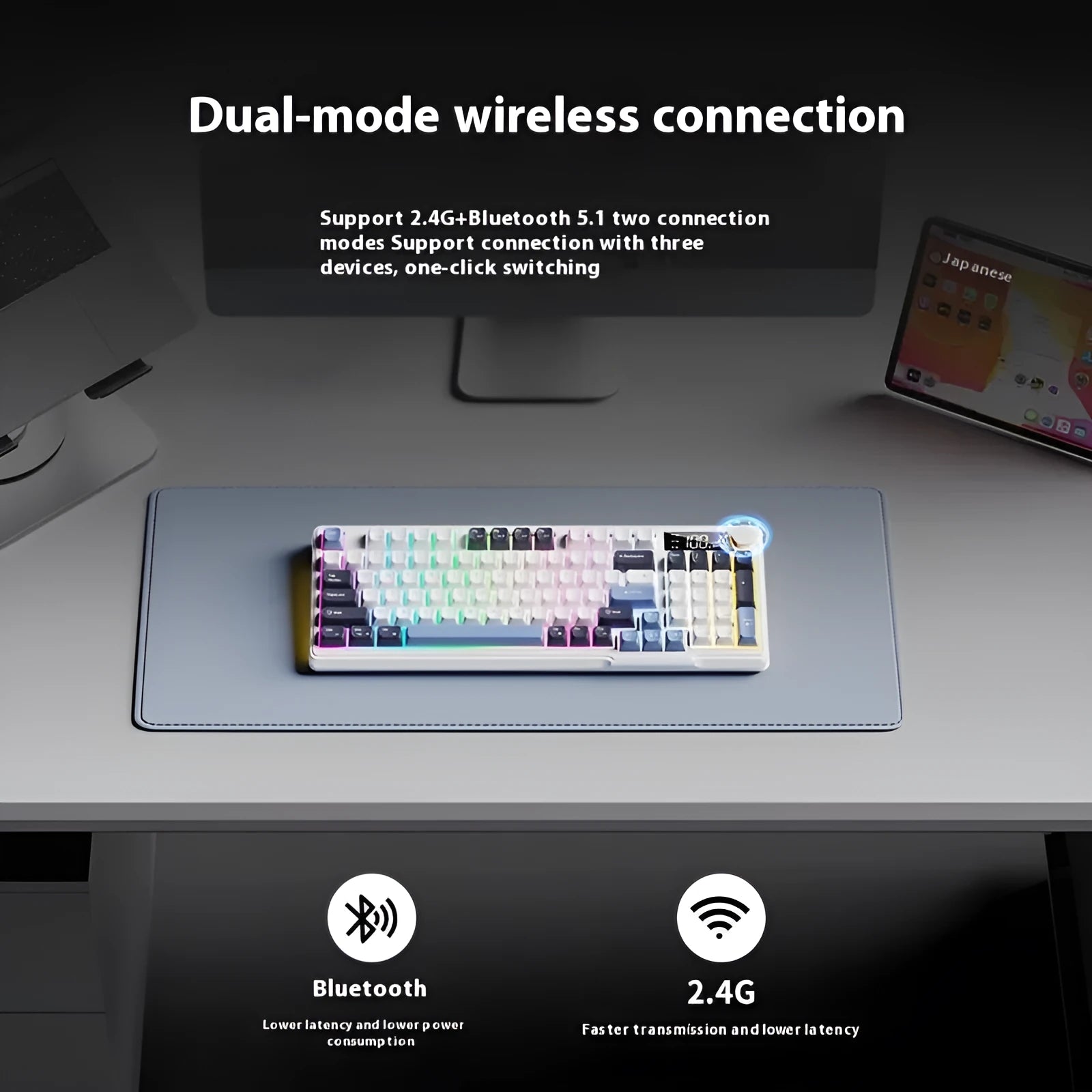 Wireless mechanical keyboard and mouse combo in blue-white colour option with USB-C cable