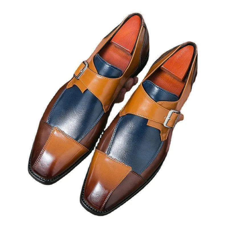 Men's British style retro buckle leather shoes in brown blue colour with tall crown design