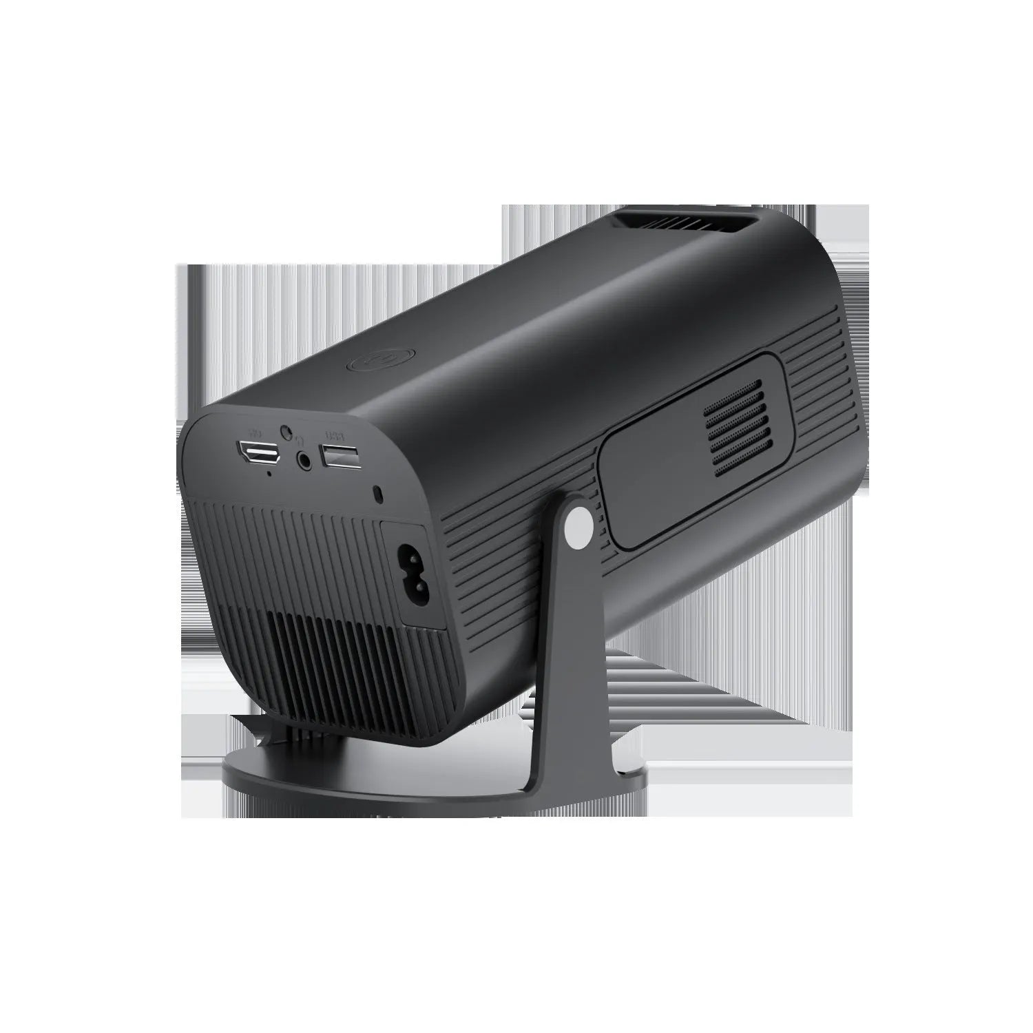 Black P330 portable mini projector with remote control on table displaying movie projection