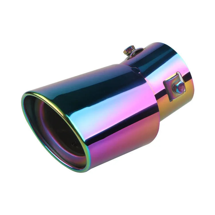 Stainless steel car modification exhaust tailpipe in bright silver and baked blue finishes.