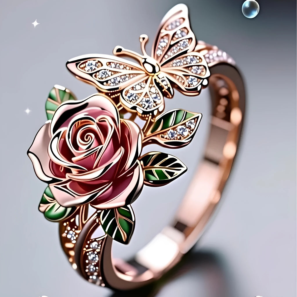 Adjustable butterfly personality ring with colourful oil drip finish showing rose and nature motifs