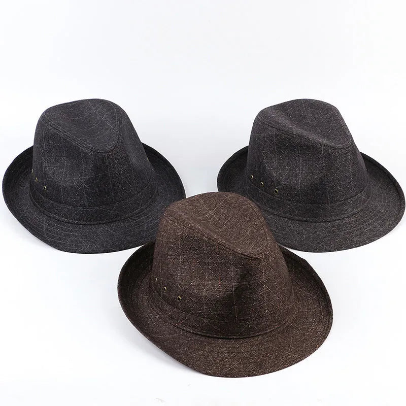 Classic thickened fedora hat for men in suit material, shown in various colours and sizes.