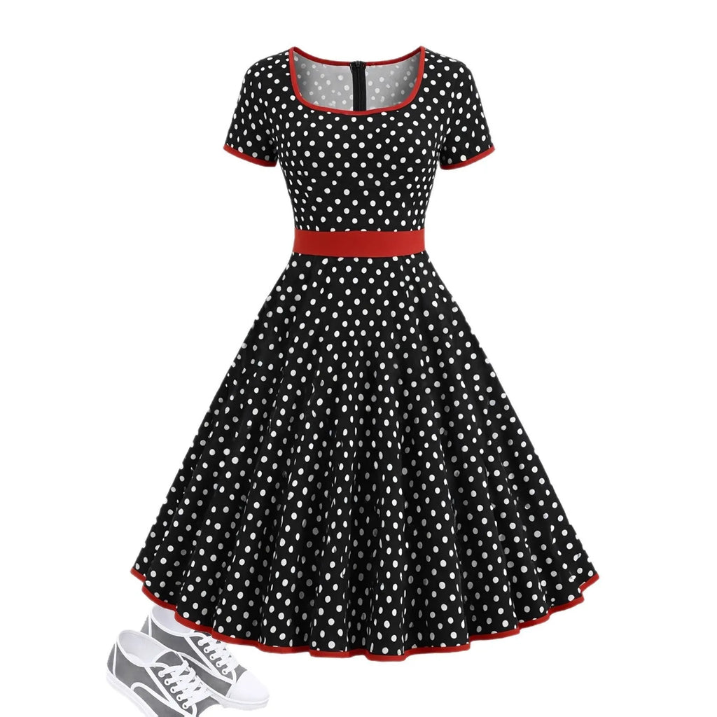 Women's mid-length polka dot dress with square collar, front zip, and pleated skirt