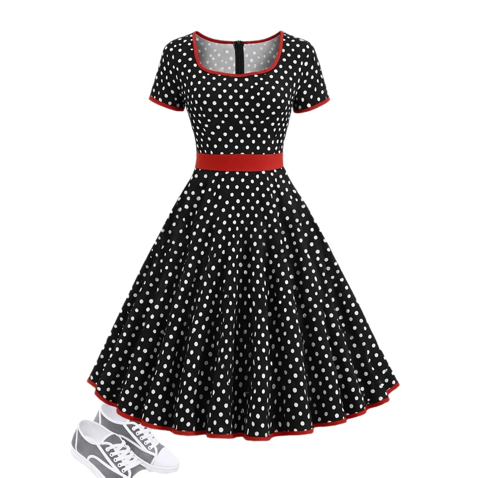 Women's mid-length polka dot dress with square collar, front zip, and pleated skirt