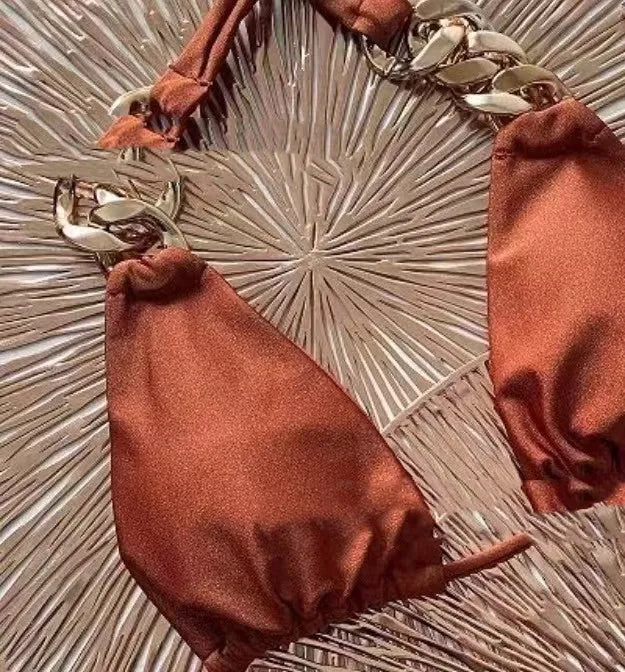 Brown women's tube top push up bikini swimsuit with ring tether detailing and split bottom