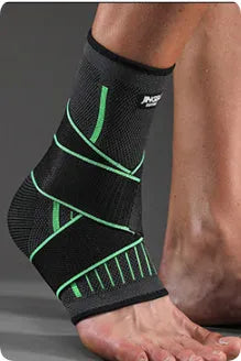 Sports ankle support brace in black colour shown on ankle during athletic activity