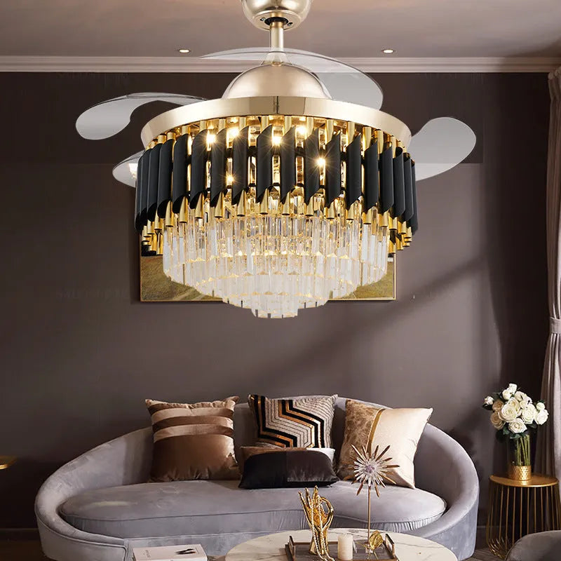 Ceiling fan with crystal chandelier LED light and remote control in 42 or 48 inch sizes