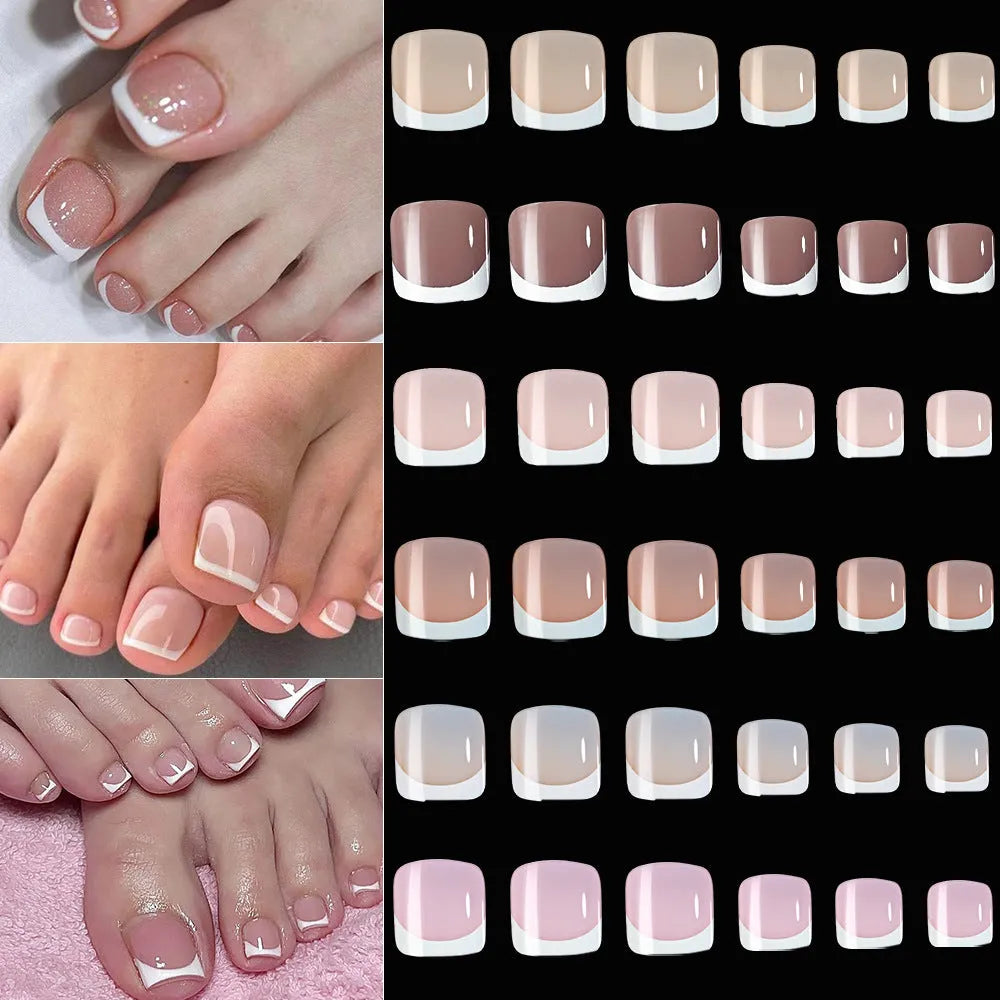 Open box showing 120 nude false toe nails with French white edges and a full-square short shape.
